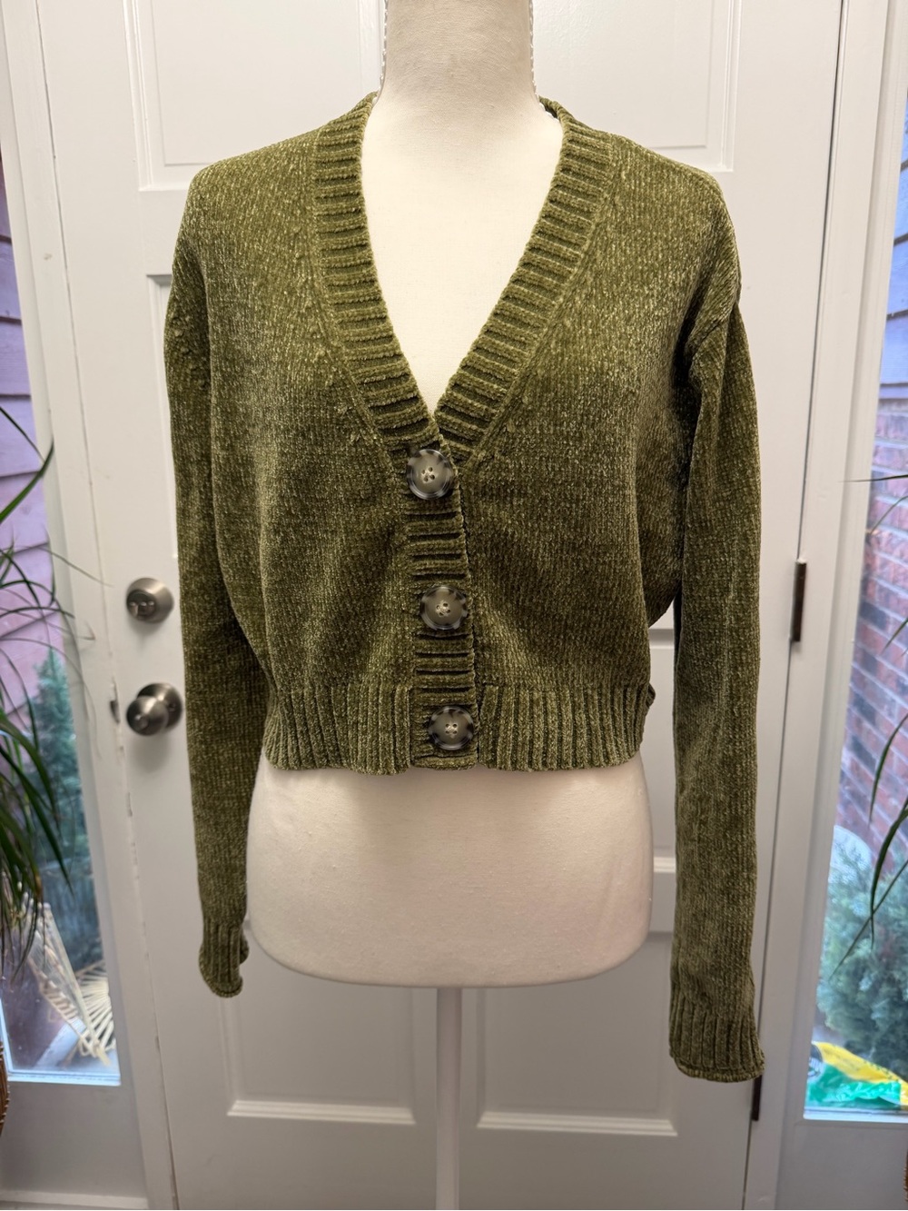 Urban Outfitters Olive Green Cropped V-Neck Cardigan